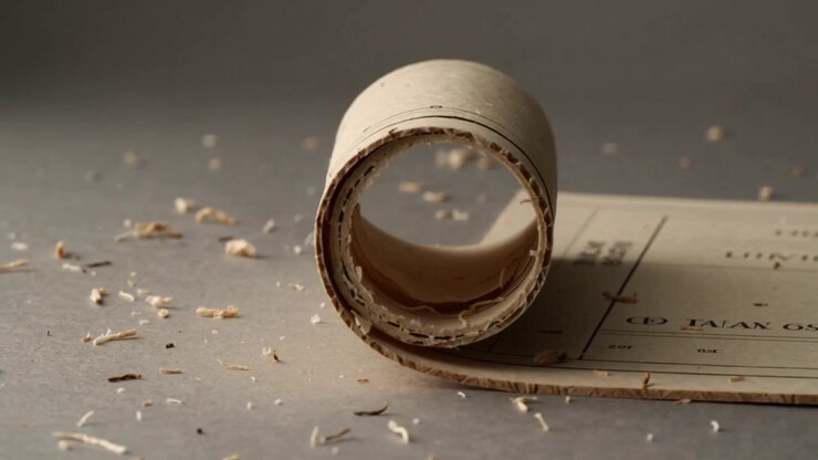 Rotating rolled paper tube revealing inner ribs on neutral table exposing printed sheet amid debris