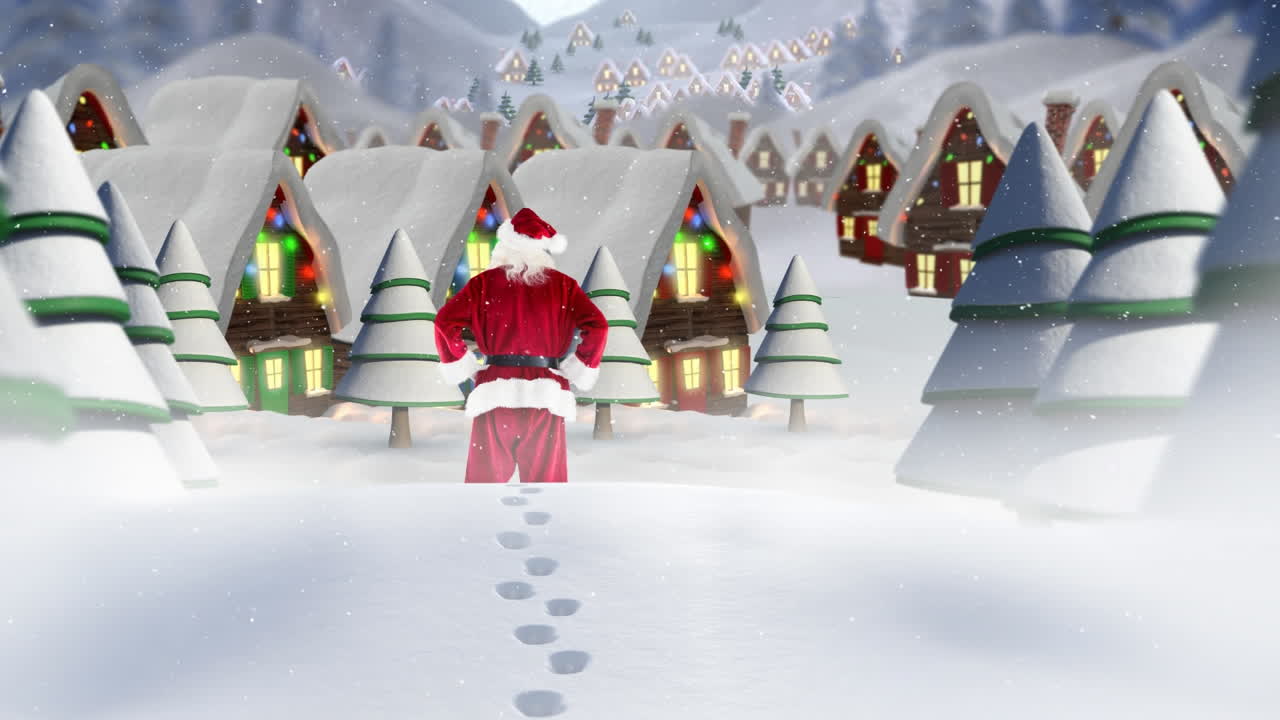 산타클로스의 뒷면과 겨울 풍경의 여러 집과 나무에 눈이 내리고 있습니다.