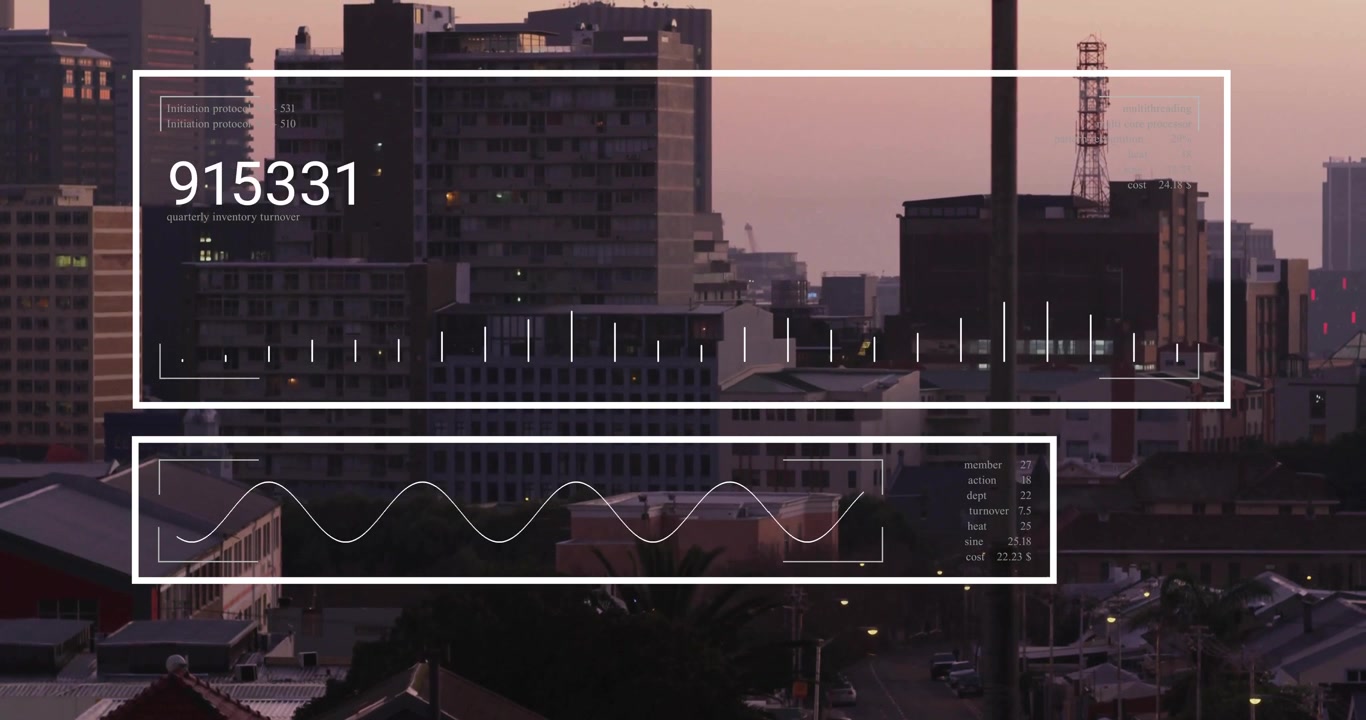 Digital Data Overlay on Urban Cityscape at Sunset