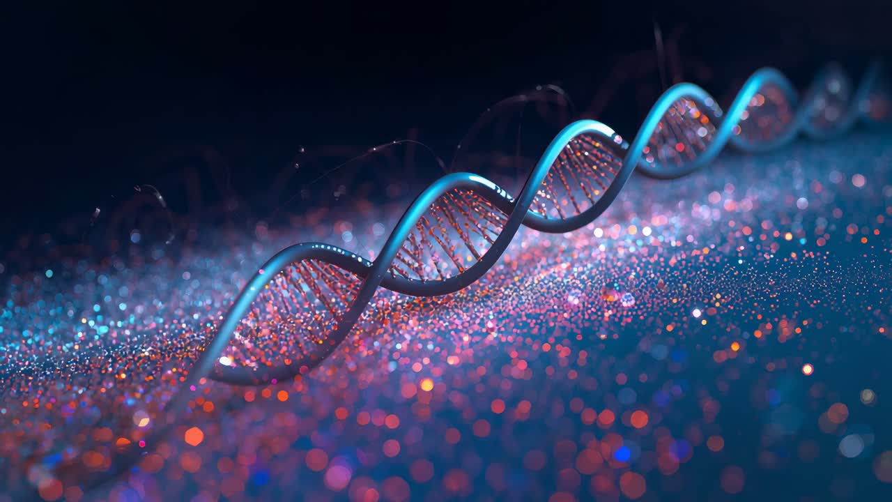 Playback starting DNA helix shifting rotating showing rungs in studio closeup, cyan-rim bokeh