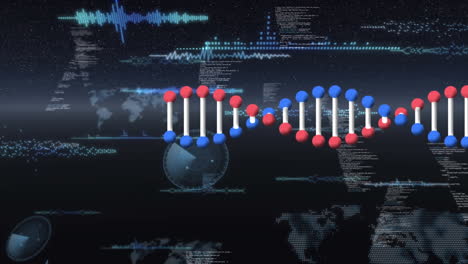 Animación-Digital-De-La-Estructura-Del-ADN-Girando-Sobre-El-Procesamiento-De-Datos-Sobre-Fondo-Azul.