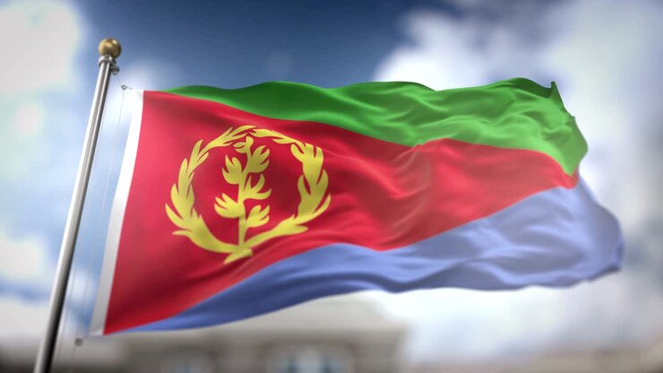 Eritrean lippu liehuu hidastettuna 3D-renderöintinä sinistä taivasta vasten – saumaton silmukka 4K