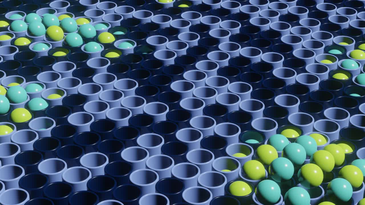다채로운 공과 실린더를 추상적인 3d 렌더링 장면으로 애니메이션으로 만들었습니다.