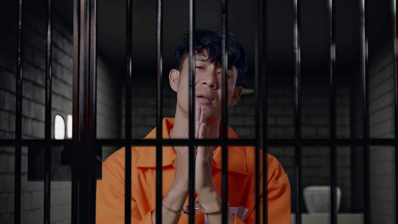 primer plano de un prisionero masculino asiático con esposas de pie en la prisión, haciendo un gesto de la mano de oración pidiendo algo