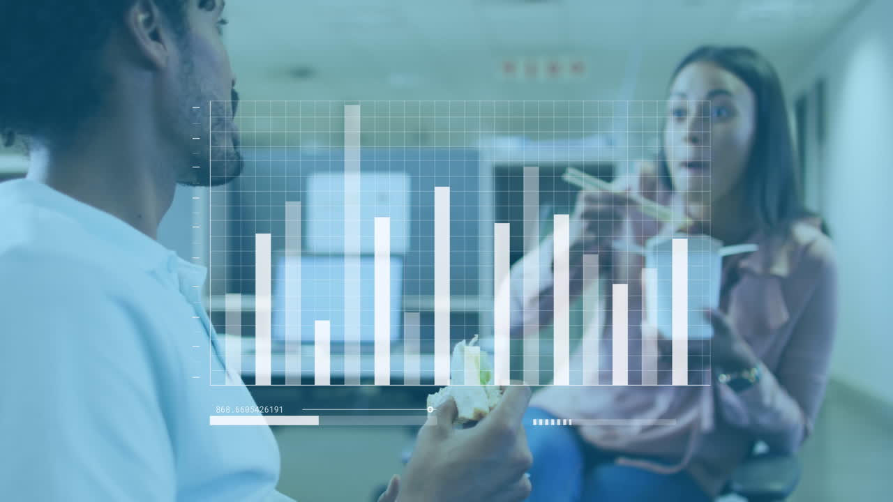 Animation of data processing against diverse man and woman discussing while having snacks at office