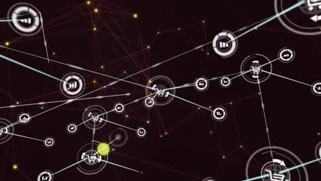 Animation-of-network-of-connections-with-digital-icons-over-yellow-spots