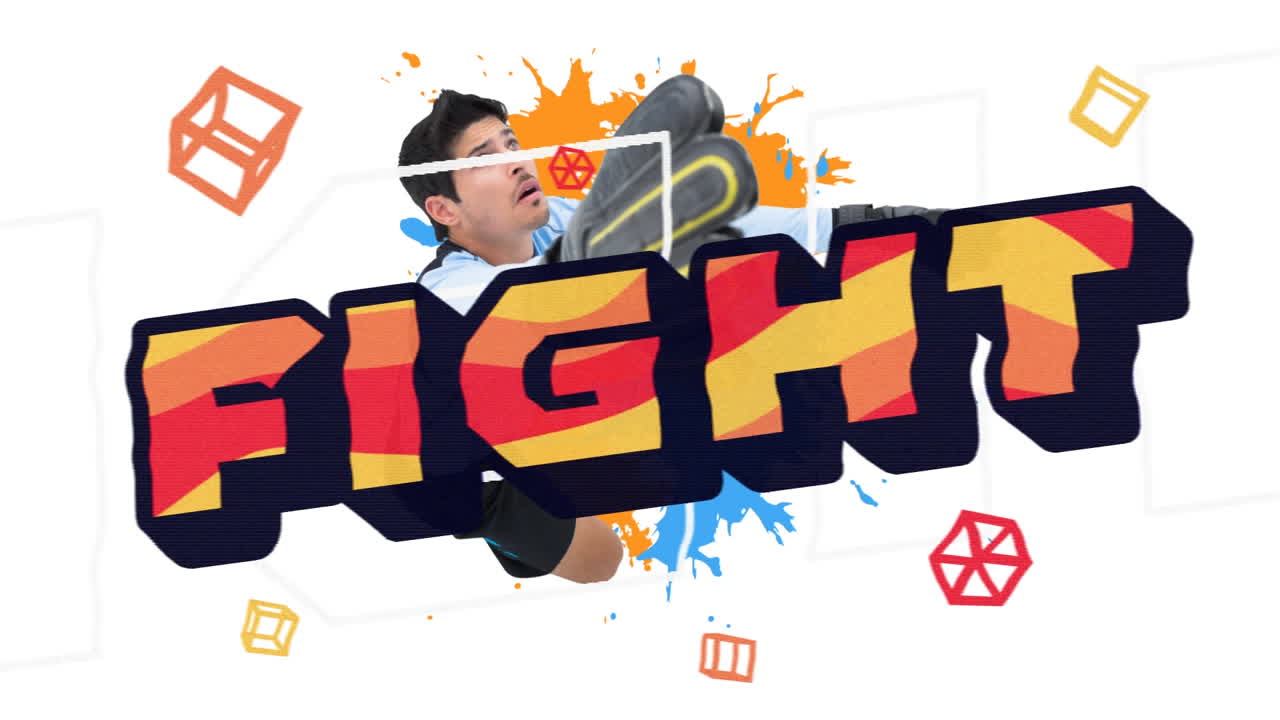 남성 축구 골키퍼가 색에 페인트 스프레이를 가지고 오렌지색으로 싸우는 단어의 애니메이션