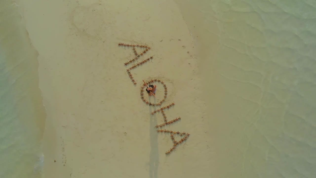 필리핀의 하 모래판에 있는 바다별로 만든 알로하 텍스트의 공중 사진