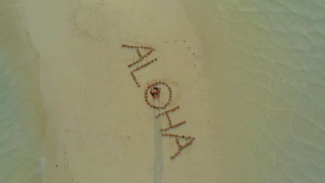 vista aérea del texto de aloha hecho con estrellas de mar en un banco de arena blanca en filipinas