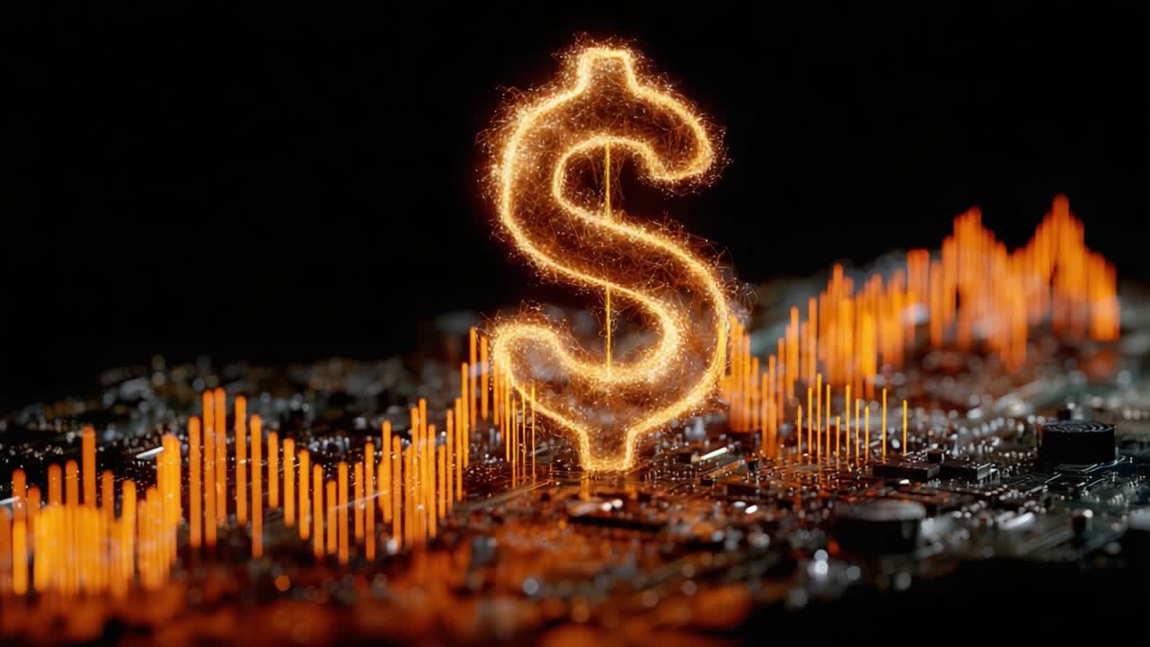 Illuminated Dollar Sign Over Financial Data: A Stunning Visual Representation of Economic Growth and Digital Currency Trends in a Modern Financial Landscape