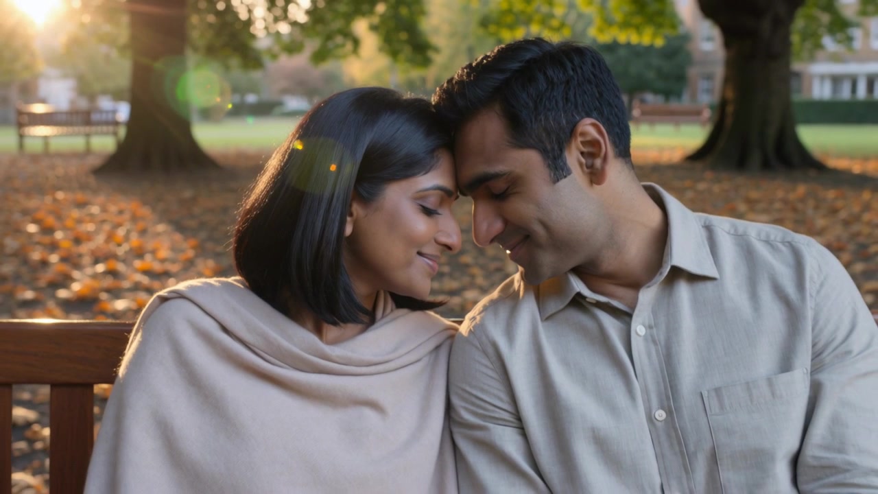 Smiling couple showing affection pressing foreheads on park bench, sun flare, wrap, rolled-sleeves