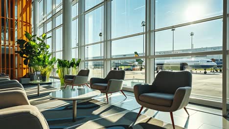 airport lounge with comfortable seating and airplane view