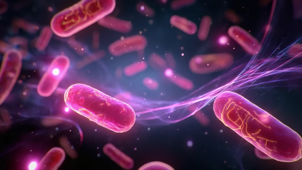 Esplorando il mondo microscopico: batteri vibranti e dinamici in una trasformazione cosmica di colore e luce.