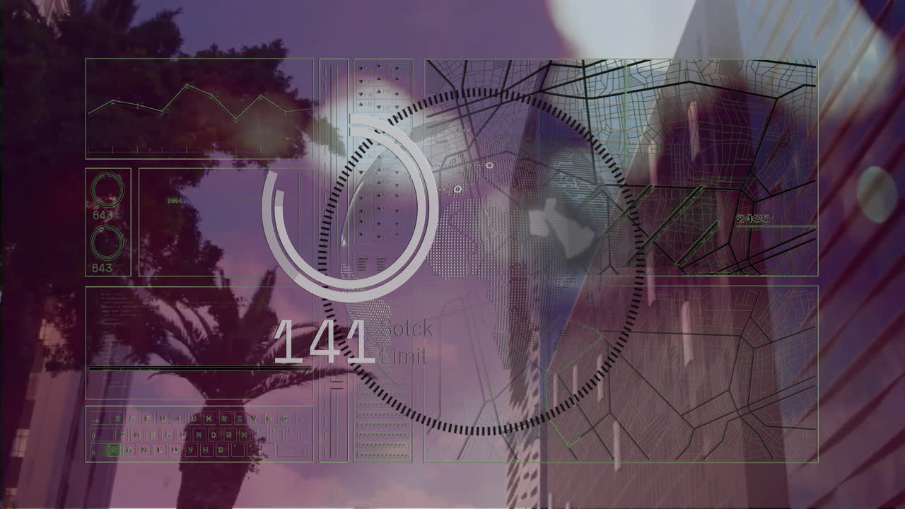 animación del procesamiento de datos financieros sobre la ciudad