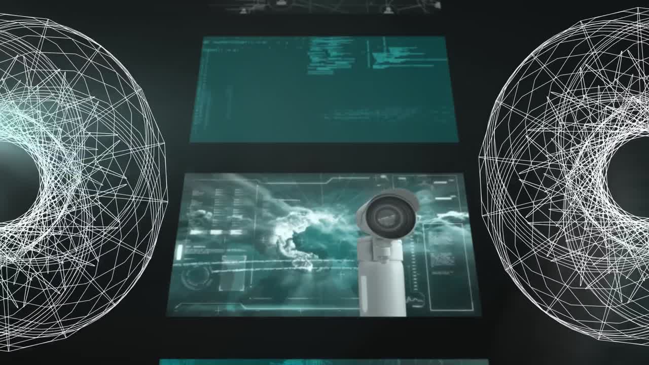 animación de escaneado de visores y procesamiento de datos en pantallas sobre fondo negro