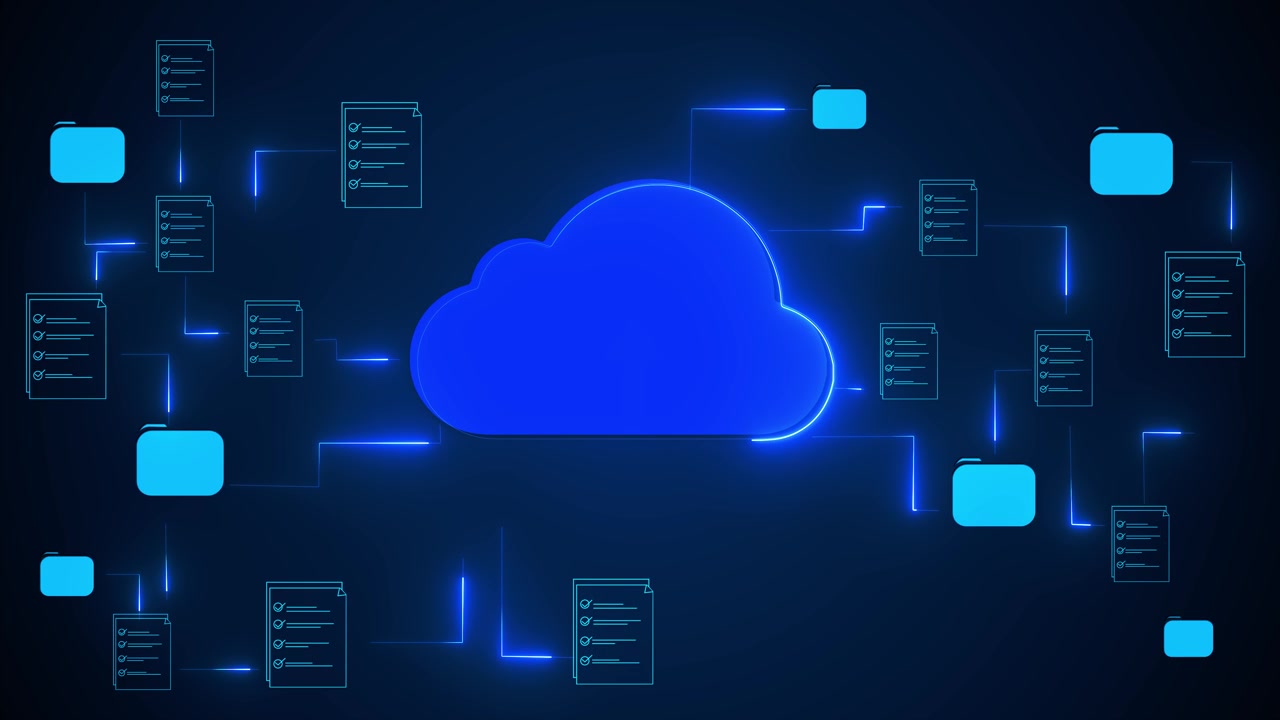 Blue cloud file network background glowing folders document icons connected lines dark digital