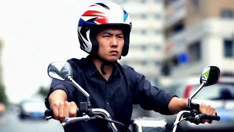 close-up of an asian young man driver in motorbike.