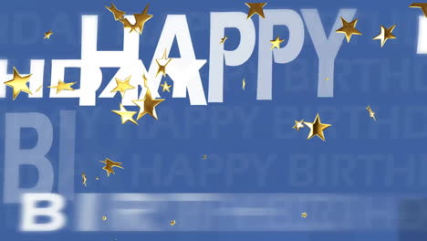 happy birthday text animation with falling golden stars on blue background