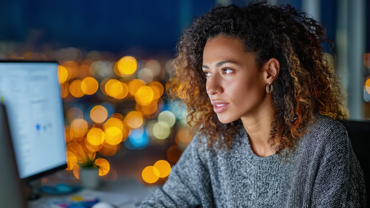 Professionista concentrato che lavora fino a tardi al computer, circondato dalle luci della città: uno sguardo alla dedizione e all'ispirazione urbana