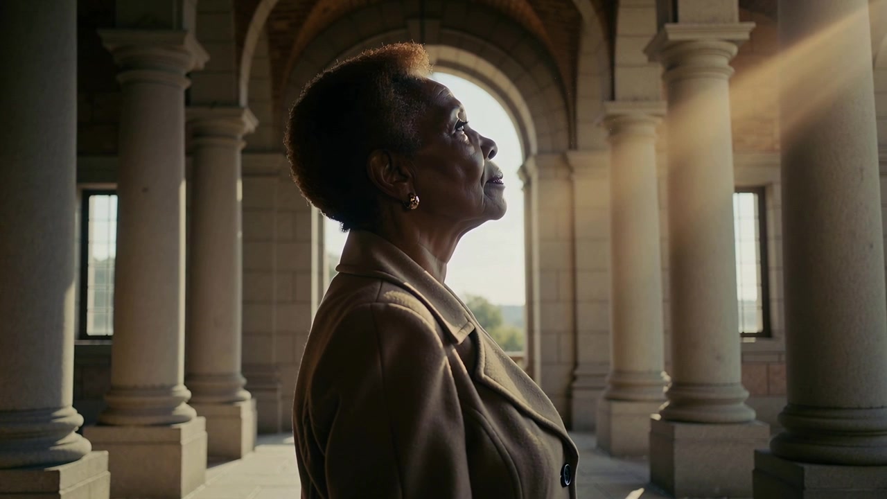 Lifting chin senior woman wearing tan coat following warm sunbeam at stone colonnade, with columns