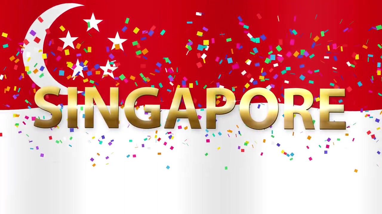 Bandiera di Singapore animata che sventola con testo dorato e coriandoli che cadono in un ciclo continuo