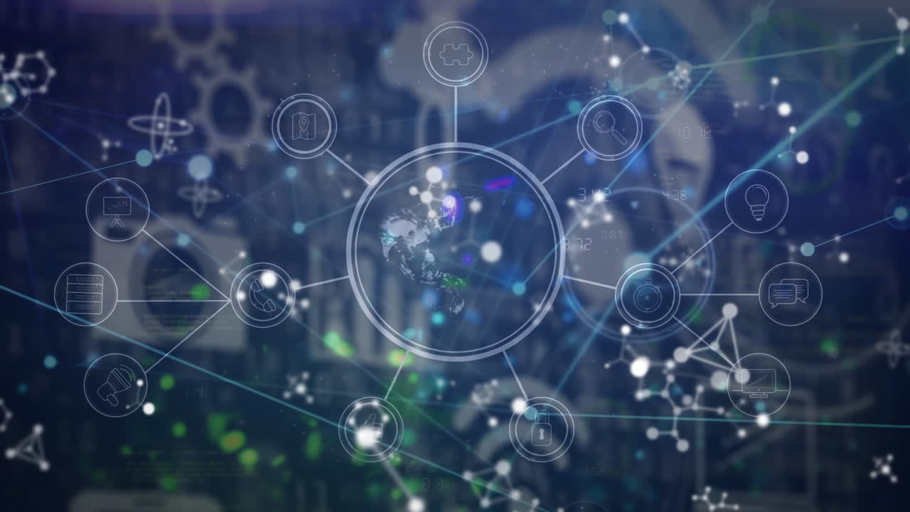 파란색 배경 위에 아이콘으로 연결 네트워크의 애니메이션