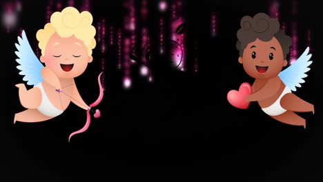 animation of cupid icons over light spots on black background