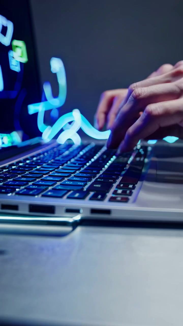 Close-Up of Hands Typing on Laptop Keyboard with Glowing Digital Data Flow