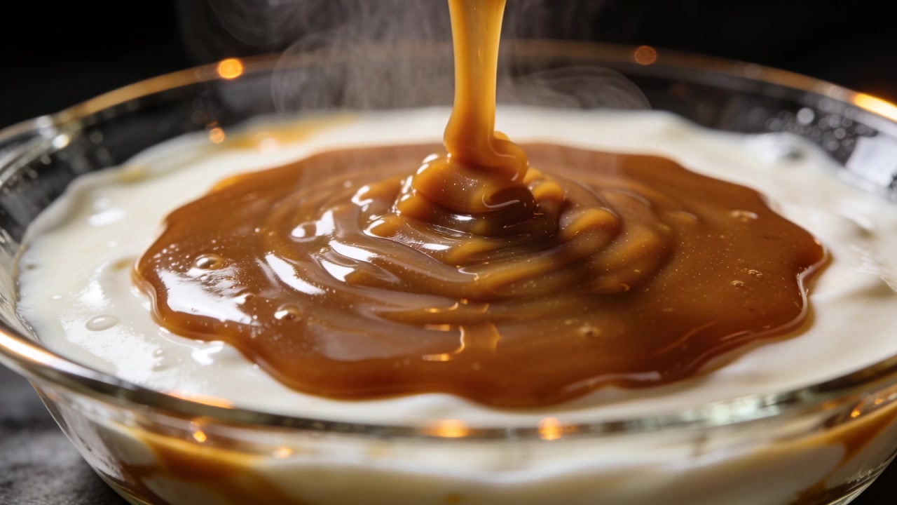 Off-frame pouring caramel forming rings in glass bowl on dark tabletop to top white cream, steaming