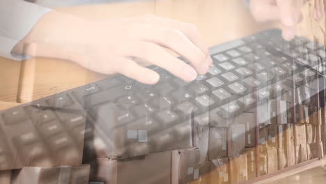 animation of man using computer keyboard over warehouse in background