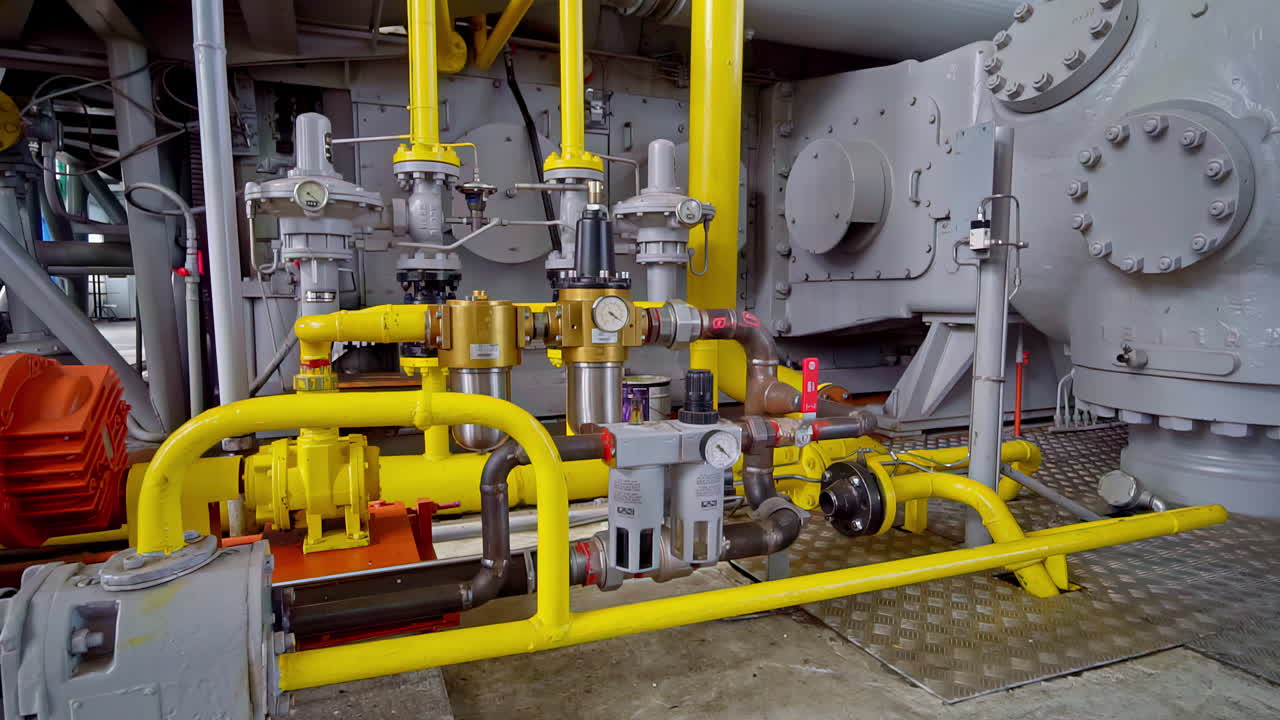 Compressore industriale e attrezzature meccaniche con tubi gialli in un impianto chiuso
