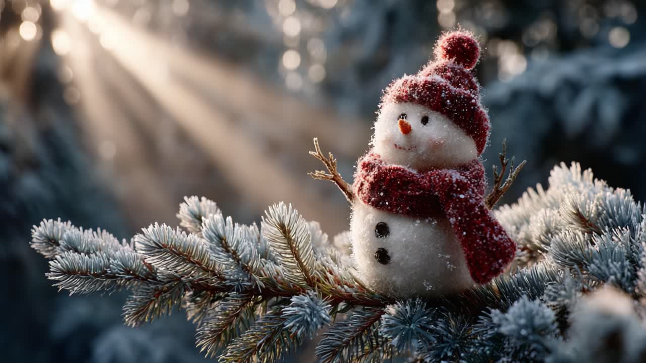 A Charming Snowman Sitting on a Frosted Pine Branch Amidst Sunlit Winter Woods, Capturing the Essence of the Holiday Season's Magic and Warmth
