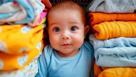 a baby sitting in front of a pile of folded clothes