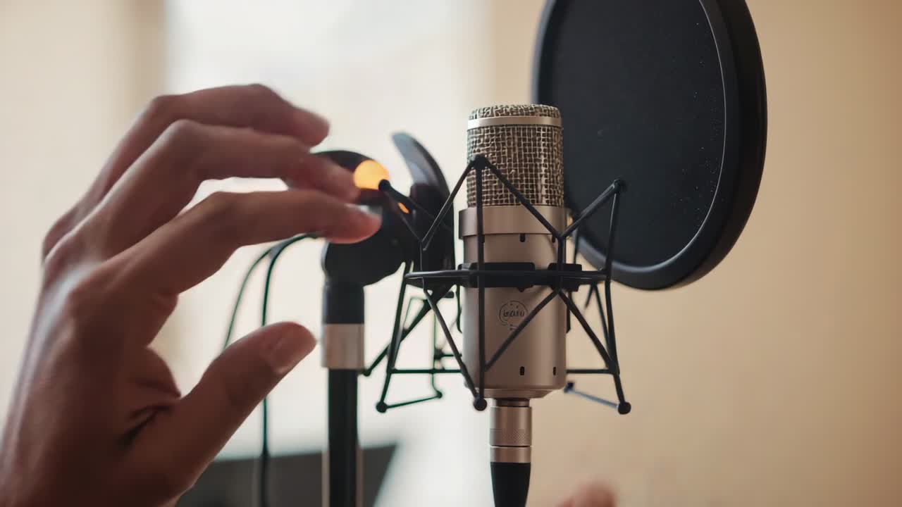 Adjusting person's hands tuning mic shock mount aligning pop filter preparing to record in studio