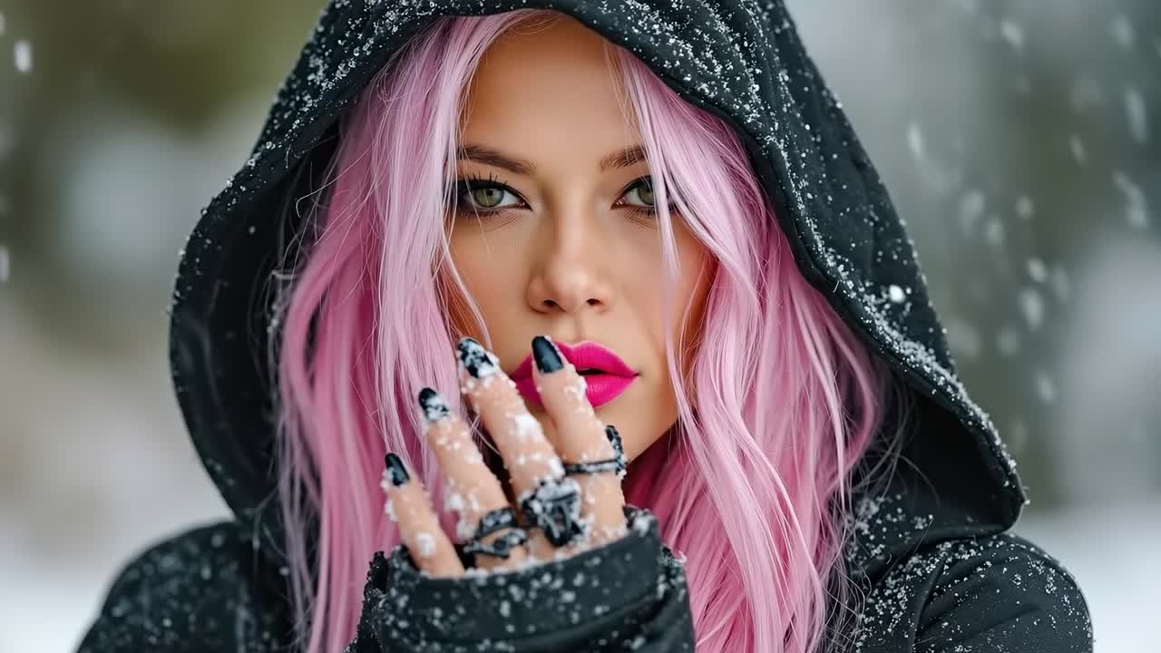 A woman with pink hair wearing a black hoodie in the snow