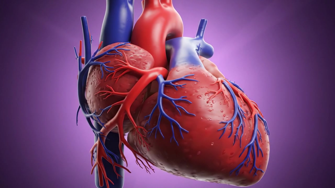 Rappresentazione 3D Dettagliata del Cuore Umano, che Mostra Arterie, Vene e l'Intricato Sistema Vascolare con Colori Vivaci su uno Sfondo Viola Tenue