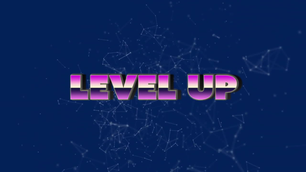 nivelar la animación de texto sobre formas azules en fondo oscuro