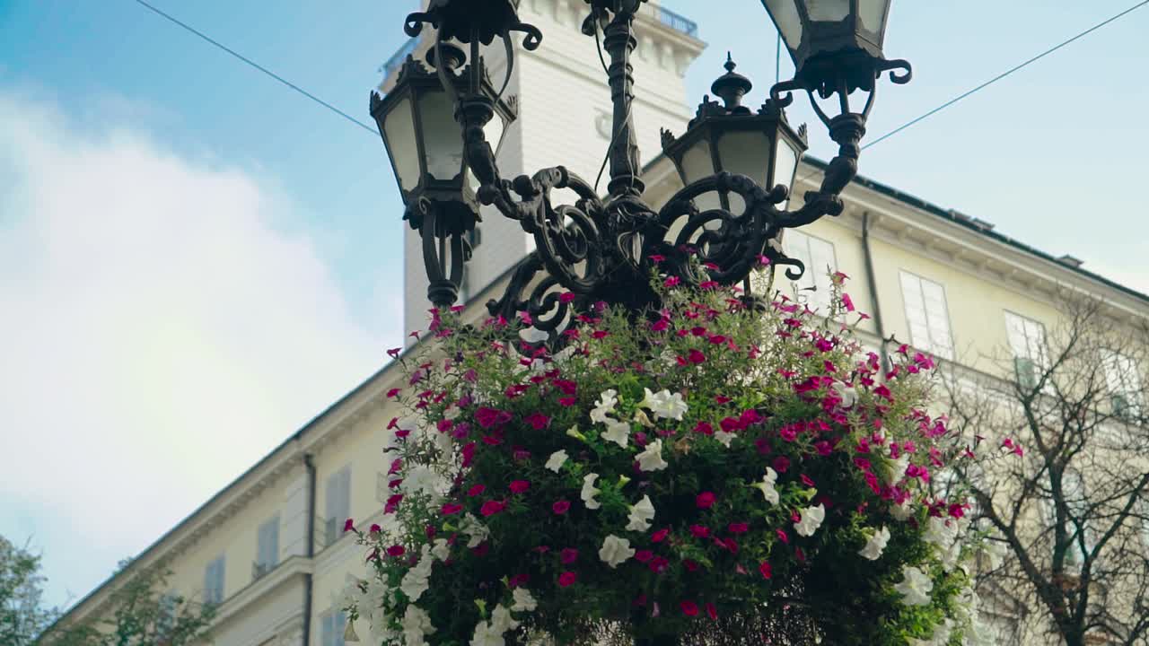 view of the decorative lantern which decorated with flowerpots with purple and white flowers on the background of the building in the city. Camera motion to side