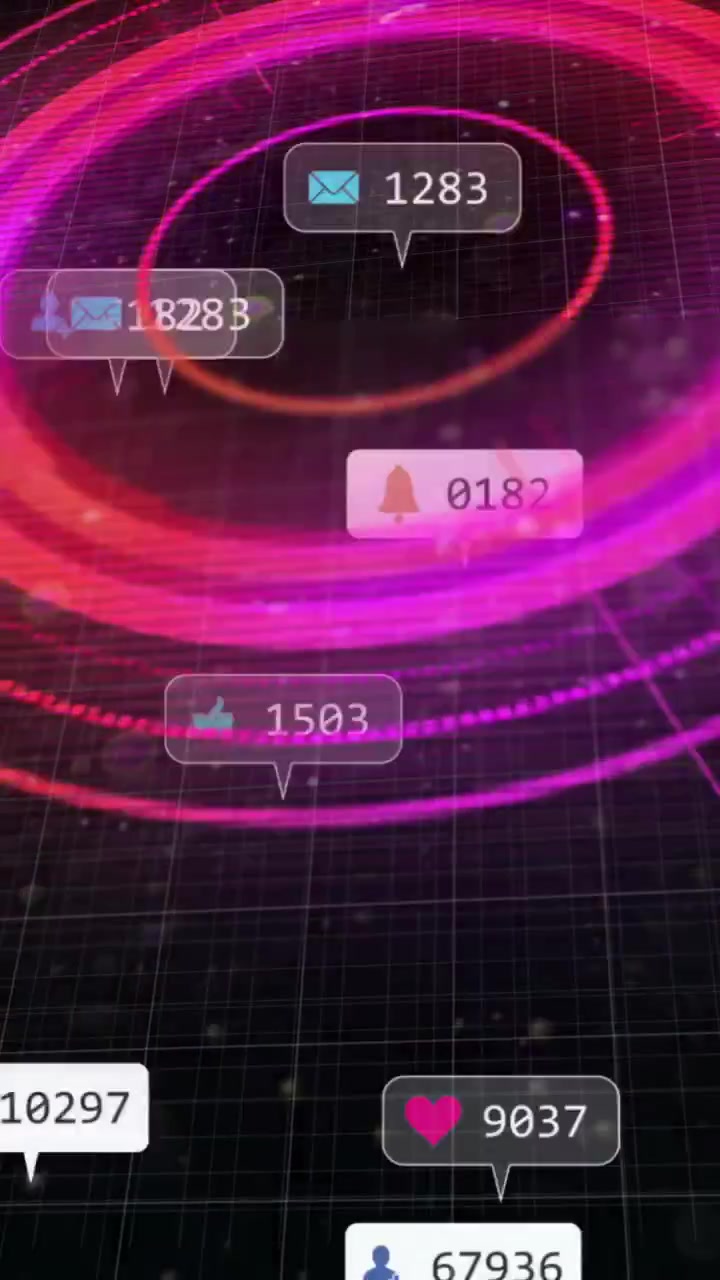 Animation of social media icons with numbers over scope scanning with shapes on black background
