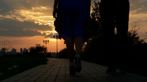 young couple walking in the autumn park during sunset