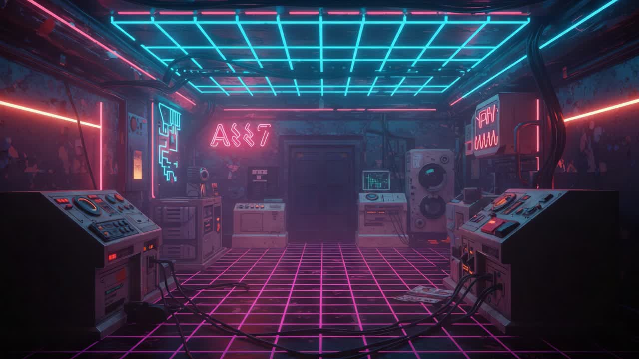 Una cyber stanza al neon luminescente con tecnologia futuristica e illuminazione vivace in un misterioso spazio digitale