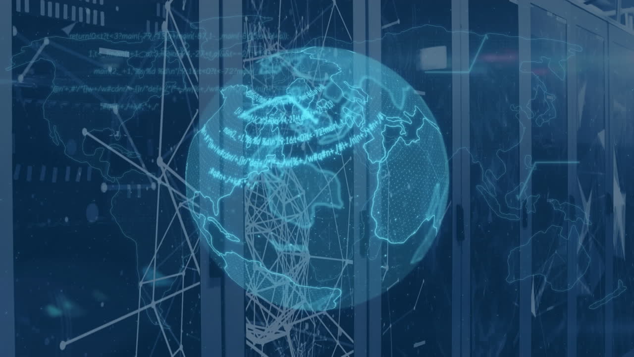Globe spinning and data processing against server room