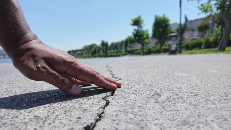 Person Touching a Crack in the Asphalt Pavement