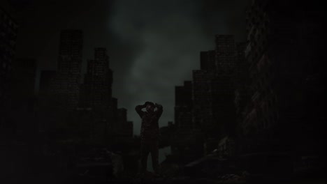 full body of asian male soldier with hands behind head looking around while standing in the midst of a ruined city after a war