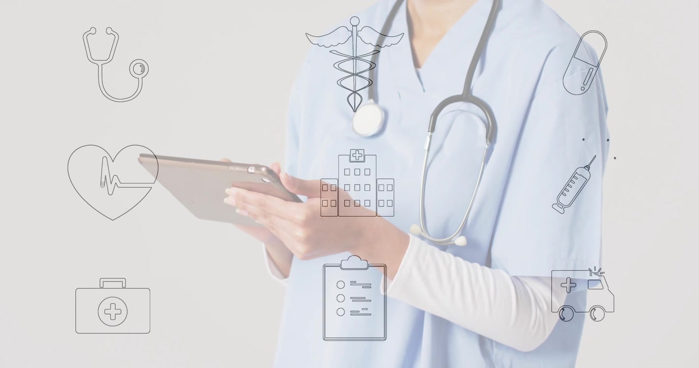 Professionista sanitario che tocca lo schermo di un tablet e anima icone mediche pulsanti per un aggiornamento sulla salute.