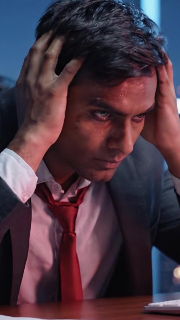 A Frustrated Businessman in Disguise: The Emotional Turmoil of a Corporate Professional Weighed Down by Stress and Uncertainty in a High-Stakes Environment