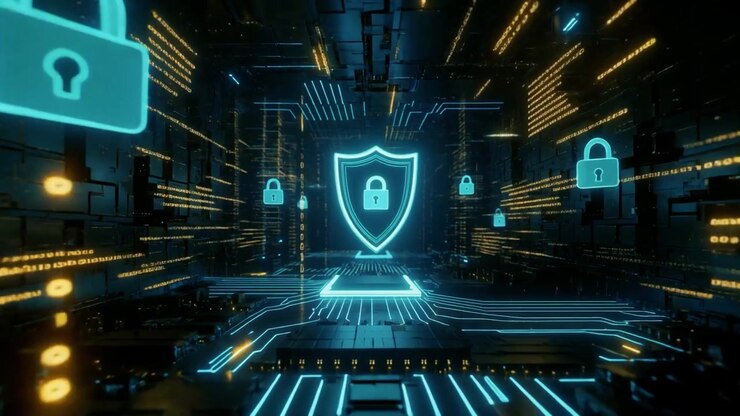 Cyber Security Concept with Glowing Digital Shield and Padlocks in Data Tunnel