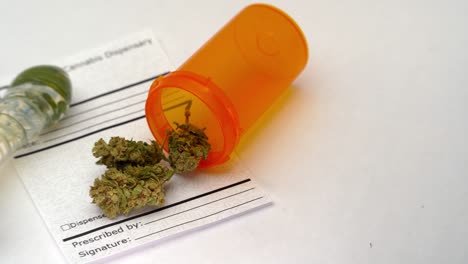 una revelación lenta de un frasco de píldoras abierto que derrama cogollos de marihuana en una nota de prescripción con una pipa de vidrio cerca