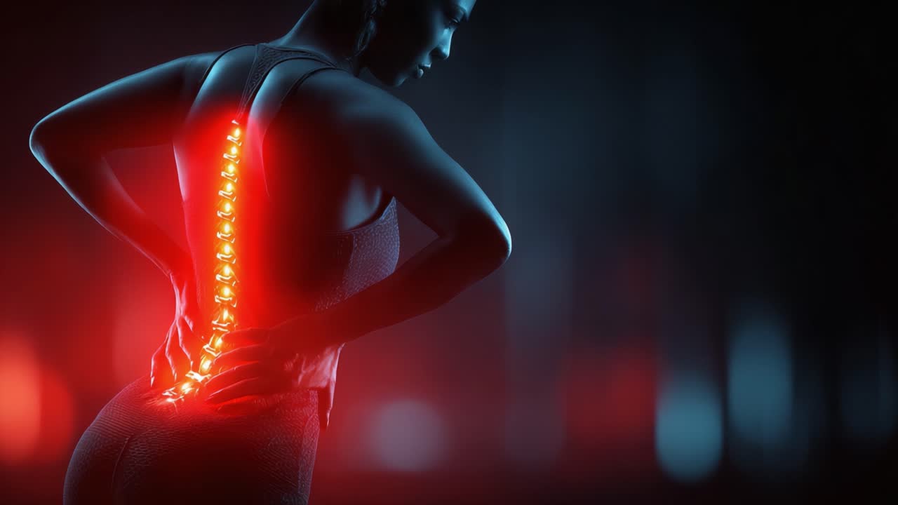 A woman experiences back pain illuminated by striking red lights, emphasizing the spinal region while symbolizing the struggle of managing discomfort and health issues in a visually captivating manner