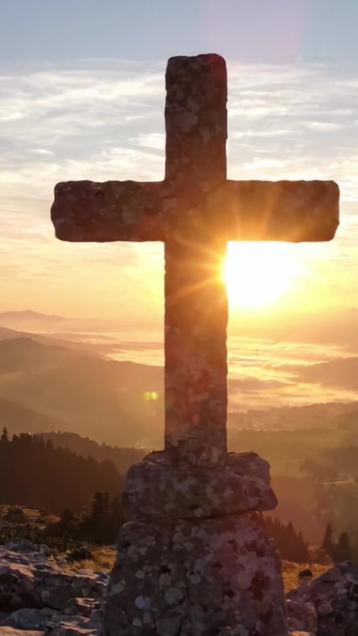 Una impresionante escena de amanecer con una cruz de piedra contra nubes impresionantes y montañas pintorescas, iluminada por rayos de sol dorados en el horizonte